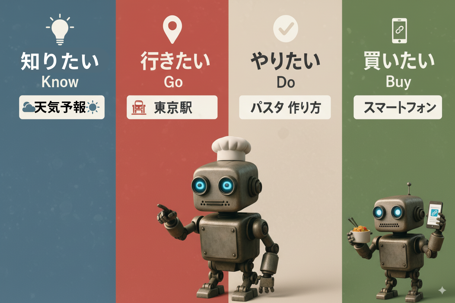 検索意図の4つの分類を表すインフォグラフィック。Know（知りたい）、Go（行きたい）、Do（やりたい）、Buy（買いたい）の各検索意図と具体例