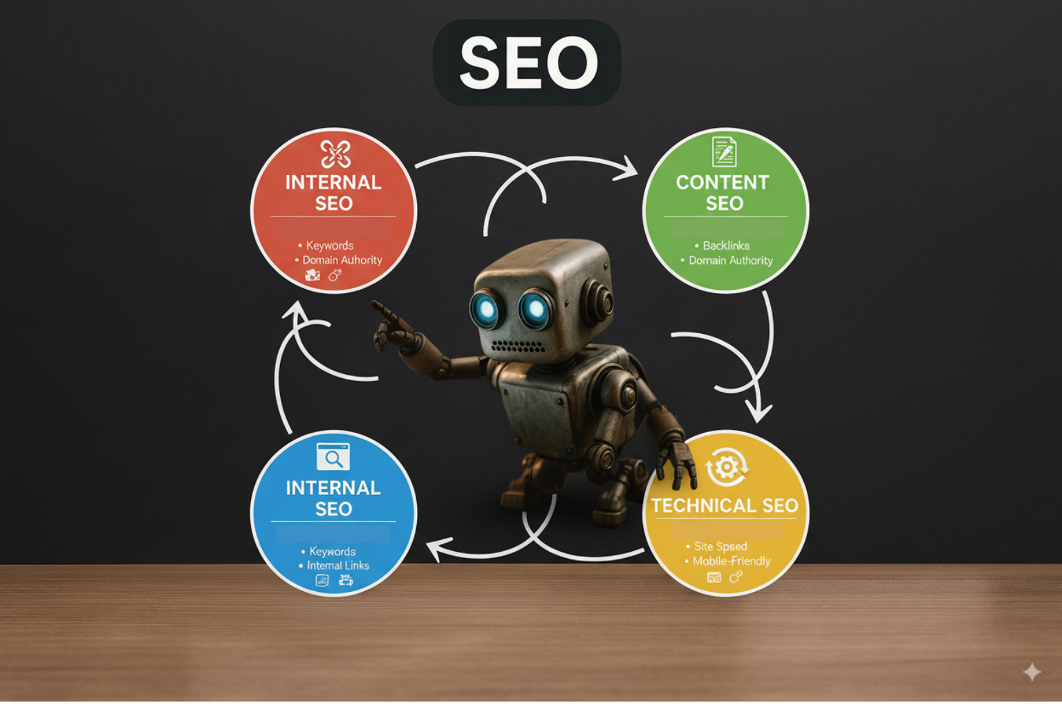 SEOの4つの主要領域を示すチャート図。内部対策、外部対策、コンテンツSEO、テクニカルSEOが相互に関連している構造