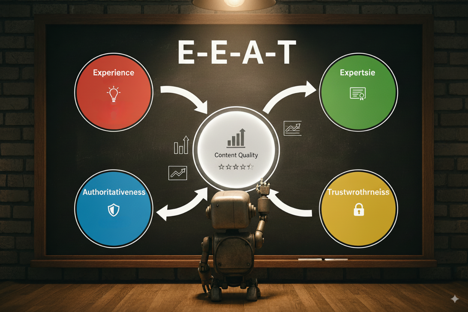 E-E-A-Tの4つの要素（Experience経験、Expertise専門性、Authoritativeness権威性、Trustworthiness信頼性）とコンテンツ品質への影響を表すインフォグラフィック
