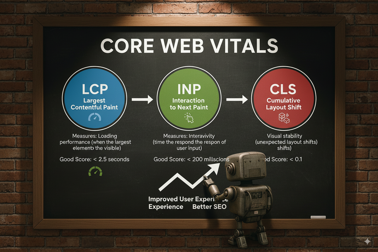 Core Web Vitalsの3つの主要指標（LCP、INP、CLS）とそれぞれの測定内容・目標値を示すインフォグラフィック